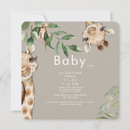 Cute Giraffe Monkey Tan Rounded Baby Shower  Invitation