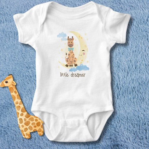 Cute Giraffe on Crescent Moon Little Dreamer Baby Bodysuit