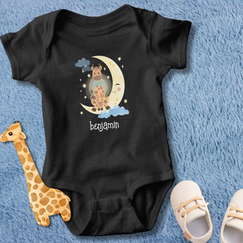 Cute Giraffe on Crescent Moon Monogram  Baby Bodysuit