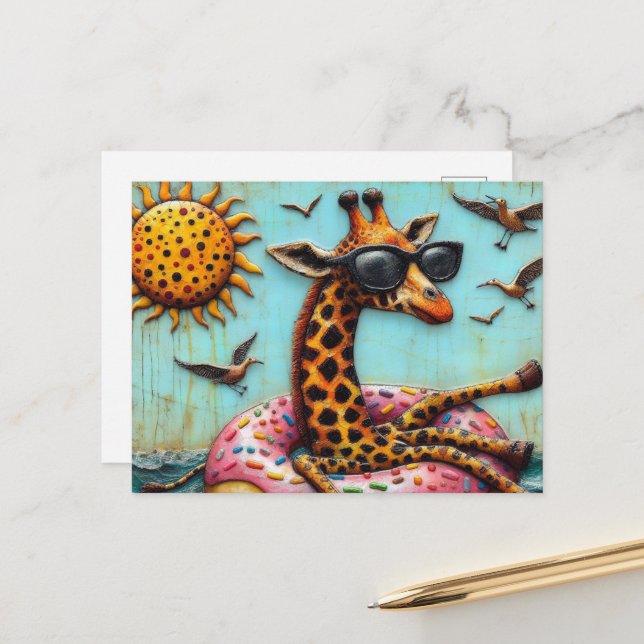 Cute Giraffe on Donut Floatation Device Birds Fly Postcard (Front/Back In Situ)