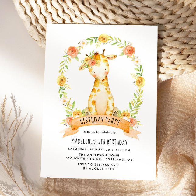 Cute Giraffe Orange Watercolor Floral Birthday Invitation (Creator Uploaded)