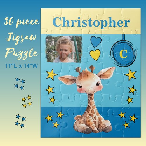Cute giraffe photo name blue yellow kids jigsaw puzzle