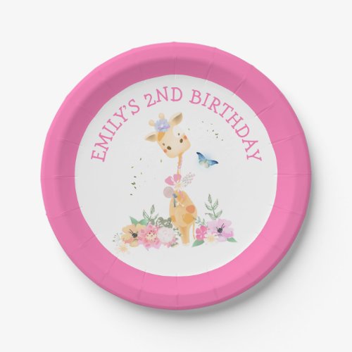 Cute Giraffe Pink Florals Girls 2nd Birthday Party Paper Plates