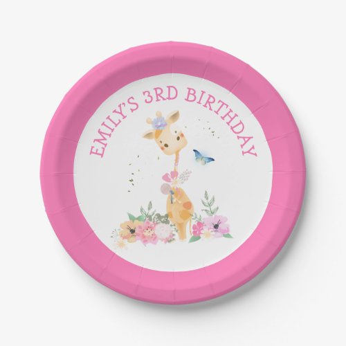 Cute Giraffe Pink Florals Girls 3rd Birthday Party Paper Plates