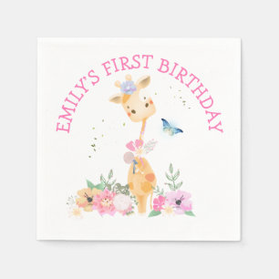 Cute Giraffe Pink Flowers Girls 1st Birthday Party Napkins