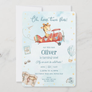 Cute Giraffe Plane Adventure Time Flies Birthday Invitation