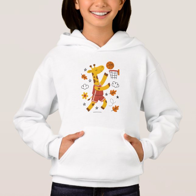 Cute Giraffe Playing Basketball Cartoon  Hoodie (Front)