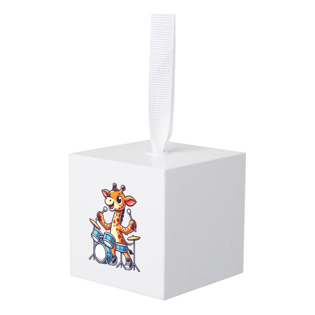 Cute Giraffe Playing Drums Giraffes Drummer Music  Cube Ornament (Front Angled)