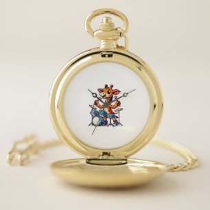 Cute Giraffe Playing Drums Giraffes Drummer Music Pocket Watch