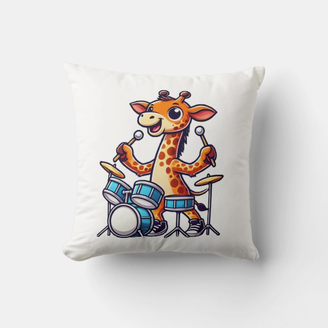 Cute Giraffe Playing Drums Giraffes Drummer Music  Throw Pillow (Front)