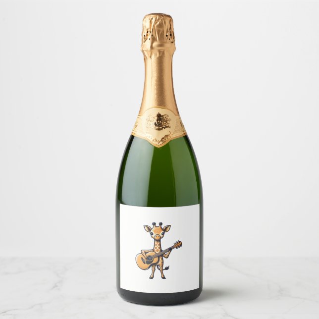 Cute Giraffe Playing Guitar Giraffes Musician Musi Sparkling Wine Label (Front)