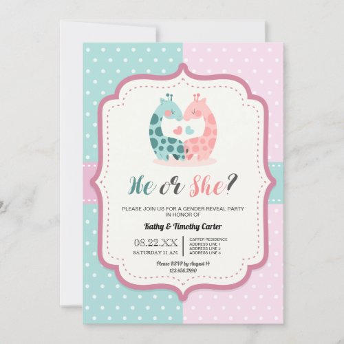 cute giraffe polka dots gender reveal party hearts invitation