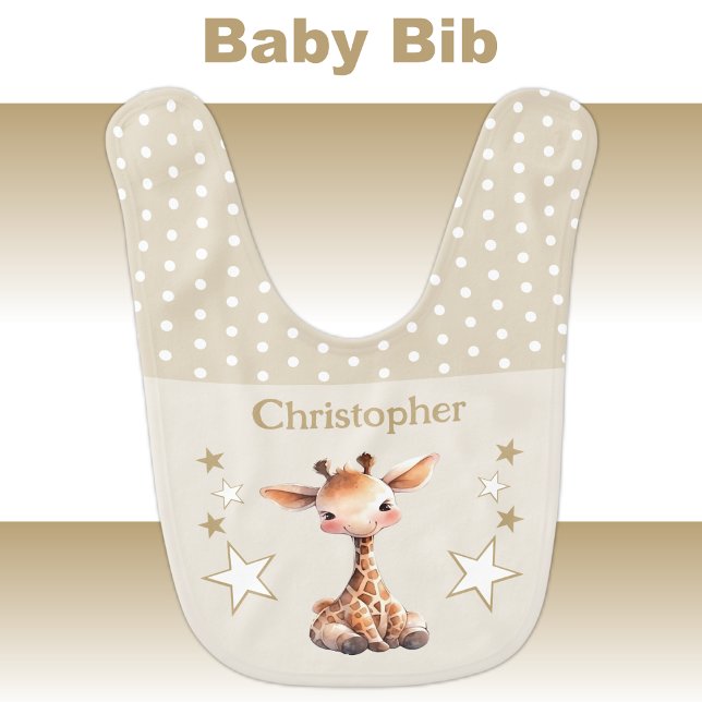 Cute giraffe polka dots stars add name brown baby bib (Creator Uploaded)