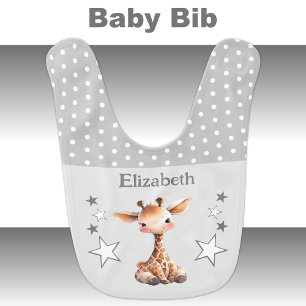 Cute giraffe polka dots stars add name grey baby bib
