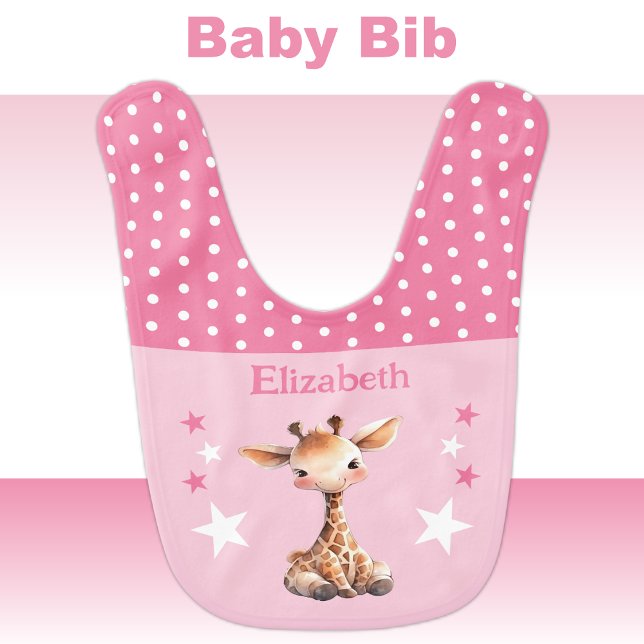 Cute giraffe polka dots stars add name pink baby bib (Creator Uploaded)