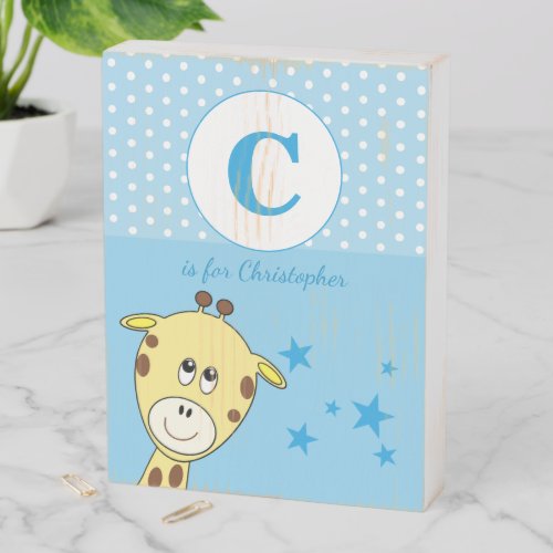 Cute giraffe polka dots stars blue and white wooden box sign