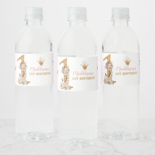 Cute Giraffe Princess 1st Birthday Water Bottle Label