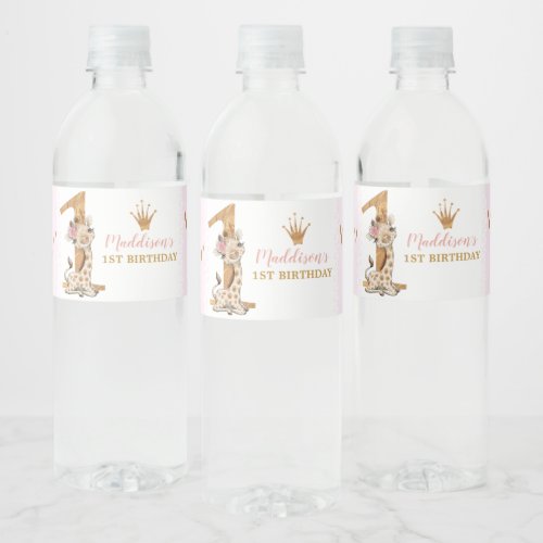 Cute Giraffe Princess 1st Birthday Water Bottle Label