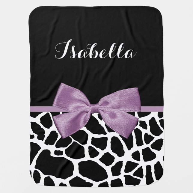Cute Giraffe Print Lavender Purple Bow With Name Baby Blanket (Front)
