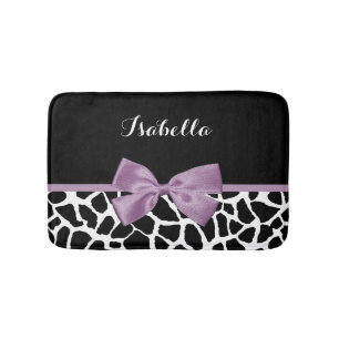 Cute Giraffe Print Lavender Purple Bow With Name Bathroom Mat