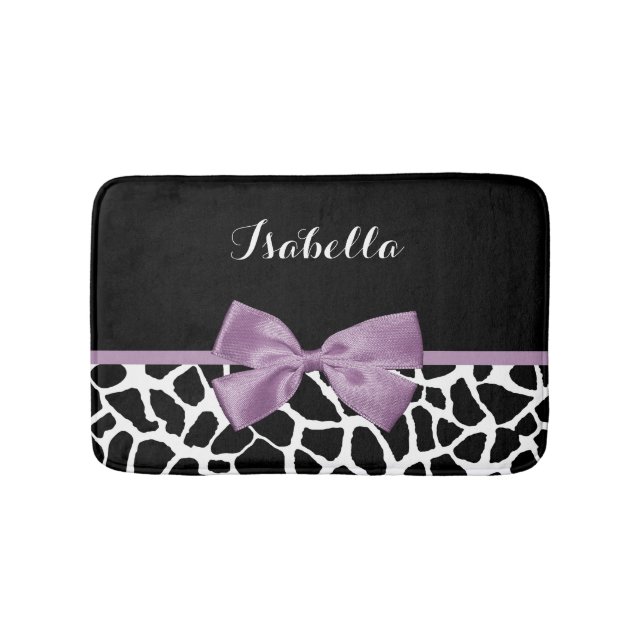 Cute Giraffe Print Lavender Purple Bow With Name Bathroom Mat (Front)