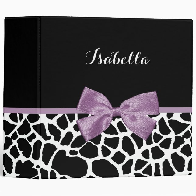 Cute Giraffe Print Lavender Purple Bow With Name Binder (Front/Spine)