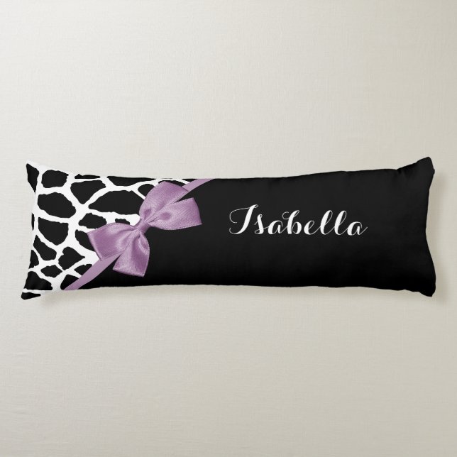 Cute Giraffe Print Lavender Purple Bow With Name Body Pillow (Front)