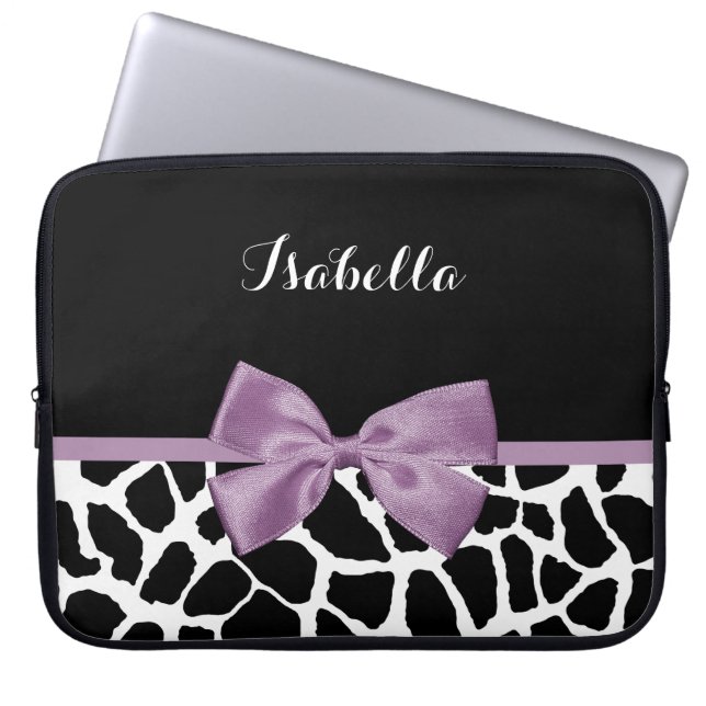 Cute Giraffe Print Lavender Purple Bow With Name Laptop Sleeve (Front)