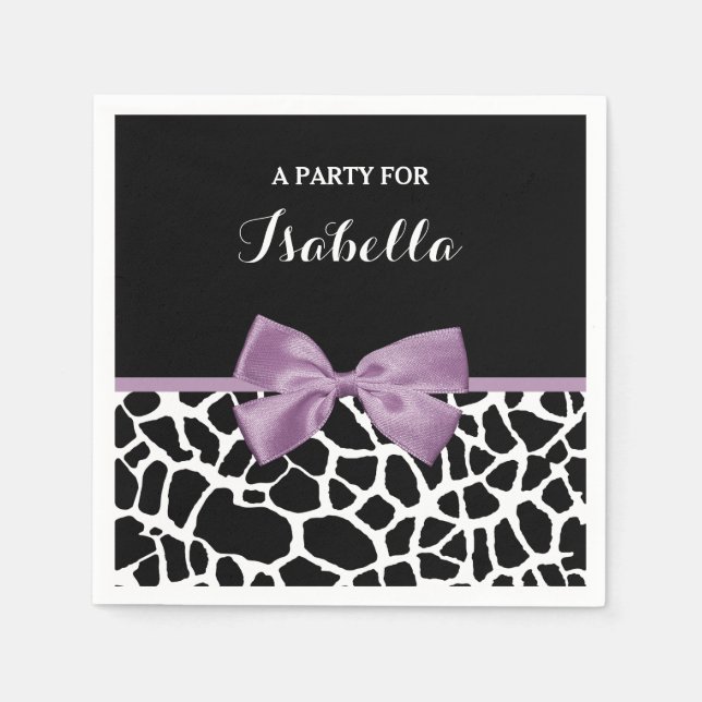 Cute Giraffe Print Lavender Purple Bow With Name Paper Napkins (Front)
