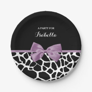 Cute Giraffe Print Lavender Purple Bow With Name Paper Plates