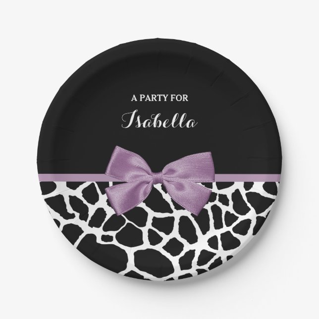 Cute Giraffe Print Lavender Purple Bow With Name Paper Plates (Front)