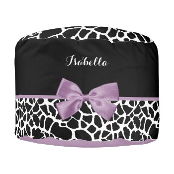 Cute Giraffe Print Lavender Purple Bow With Name Pouf by ohsogirly at Zazzle