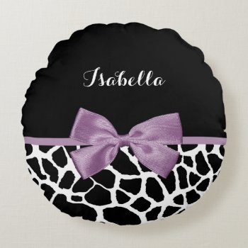 Cute Giraffe Print Lavender Purple Bow With Name Round Pillow by ohsogirly at Zazzle