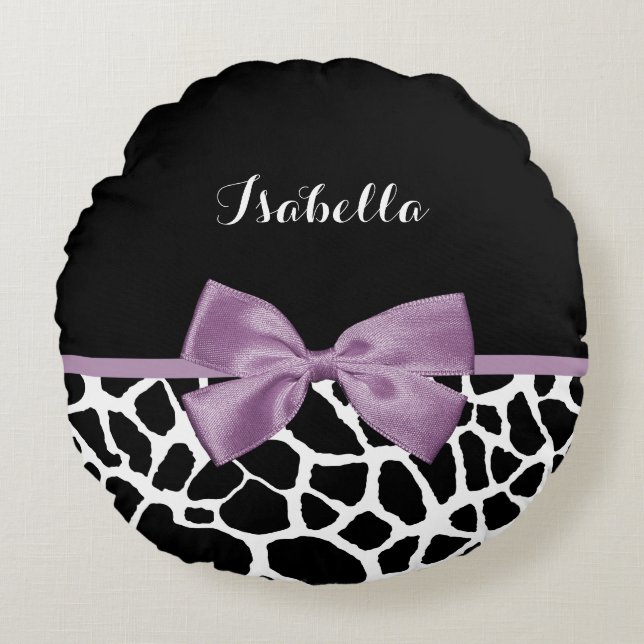 Cute Giraffe Print Lavender Purple Bow With Name Round Pillow (Front)