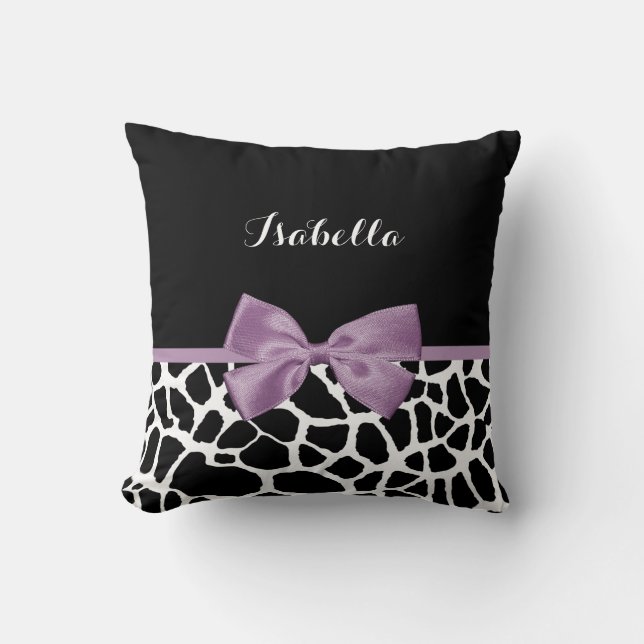 Cute Giraffe Print Lavender Purple Bow With Name Throw Pillow (Front)