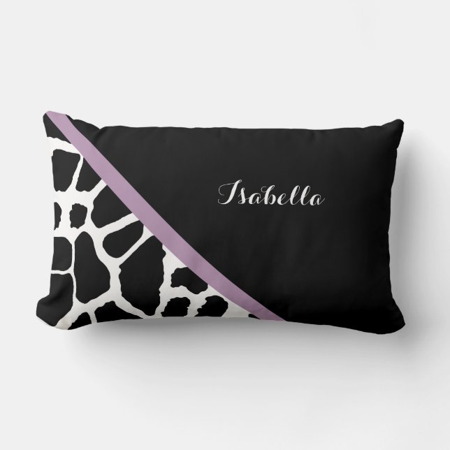 Cute Giraffe Print Lavender Purple Stripe and Name Lumbar Pillow (Front)