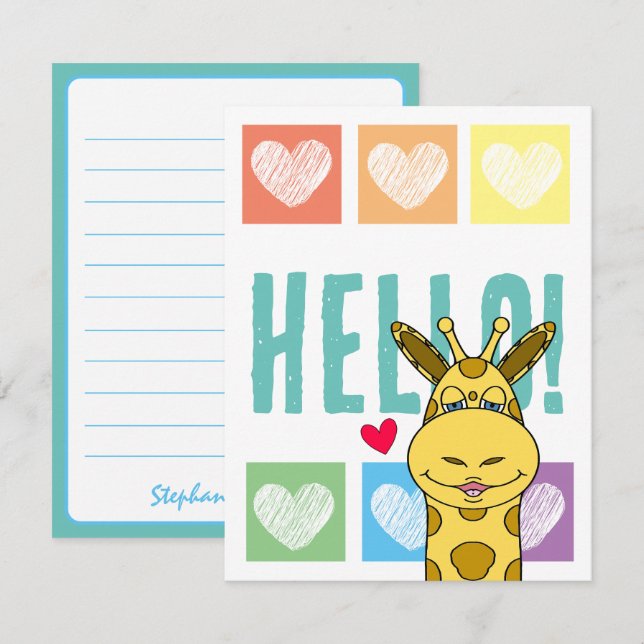 Cute Giraffe Rainbow With Hearts Hello Note Card (Front/Back)