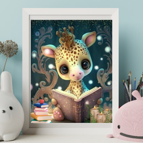 Cute Giraffe reading a book Art Nursery Poster