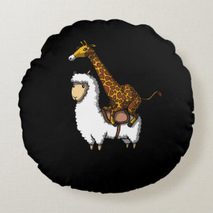 Cute Giraffe Riding Llama Alpaca Funny Animals Round Pillow
