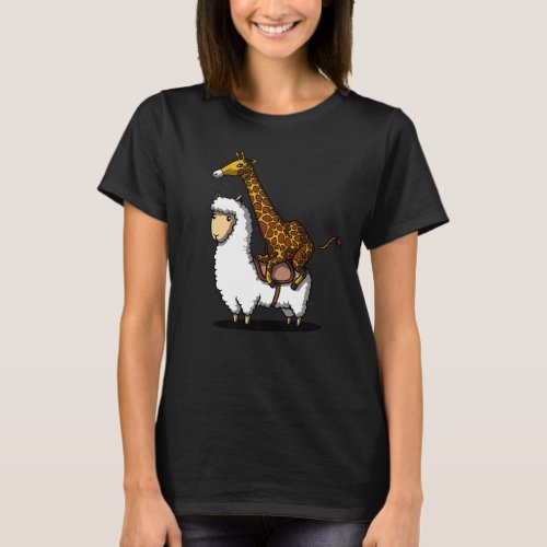 Cute Giraffe Riding Llama Alpaca Funny Animals T_Shirt