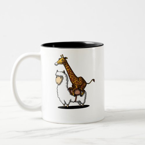 Cute Giraffe Riding Llama Alpaca Funny Animals Two_Tone Coffee Mug