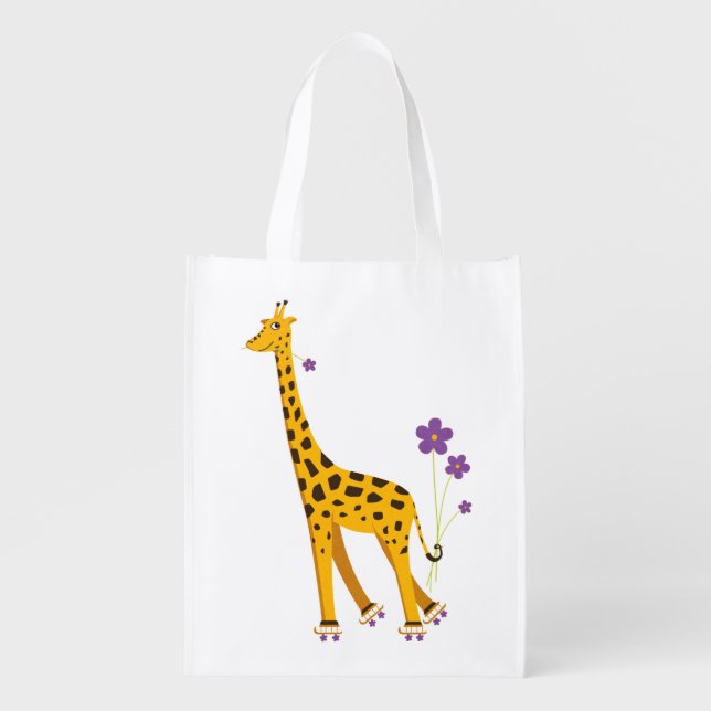 Cute Giraffe Roller Skater Reusable Grocery Bag (Front)