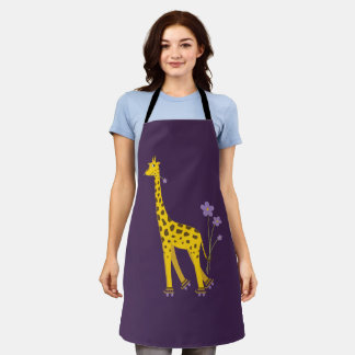 Cute Giraffe Roller Skating Purple Apron