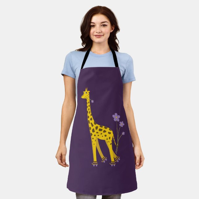 Cute Giraffe Roller Skating Purple Apron (Worn)