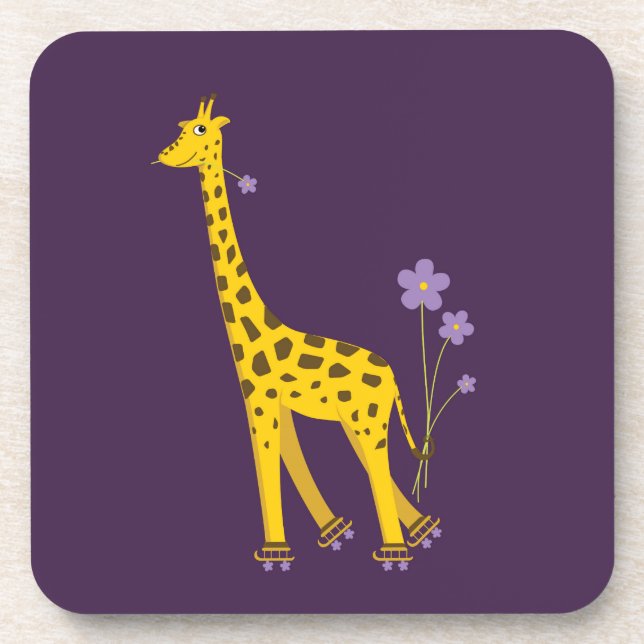 Cute Giraffe Roller Skating Purple Drink Coaster (Front)