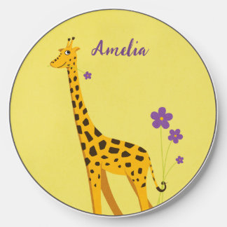 Cute Giraffe Roller Skating Yellow Girl Name Wireless Charger