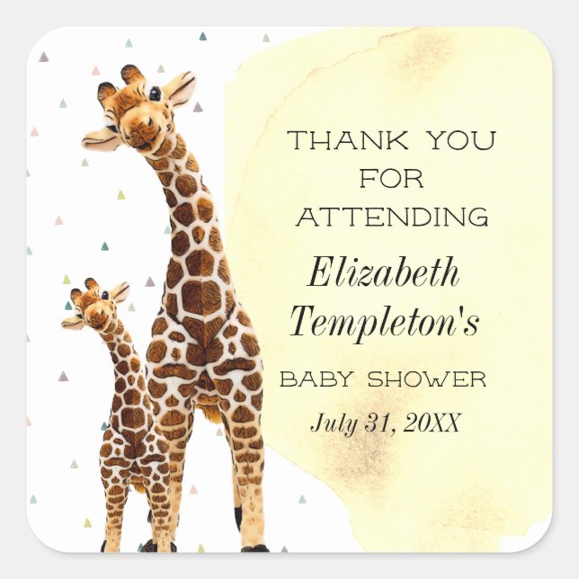 Cute Giraffe Safari Baby Shower Gender Neutral  Square Sticker (Front)