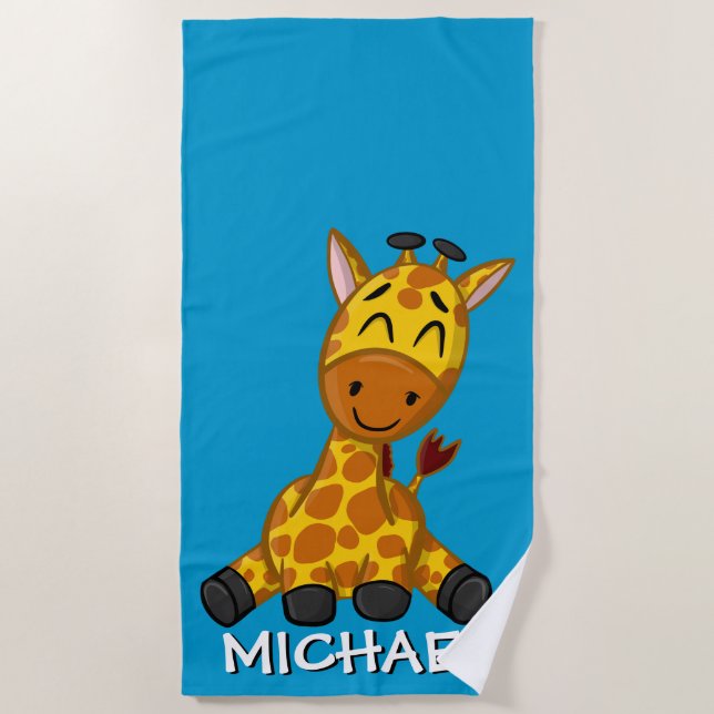 Cute Giraffe Safari Cartoon Jungle Name Blue Beach Towel (Front)