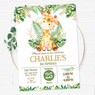Cute Giraffe Safari Jungle Party 1st Birthday Invitation