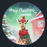 Cute Giraffe safari Santa Christmas birthday party Classic Round Sticker<br><div class="desc">Cute Giraffe safari Santa Christmas birthday party</div>